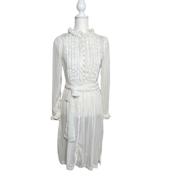 vintage 60s 70s victorian 2 pieces sheer midi dress Shirred Ruffle Neck Ivory - Picture 1 of 6